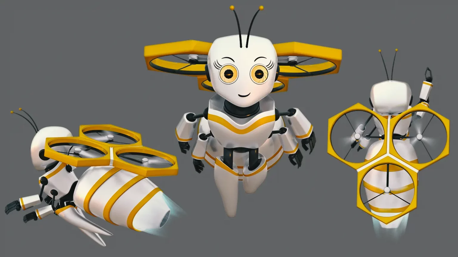 3D Character weibliche Roboter Biene aus drei unterschiedlichen Perspektiven